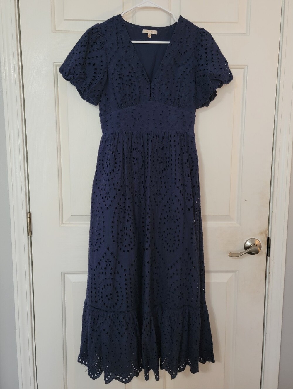 Women's Summer Navy Blue Eyelet Dress Empire Waist With Puff Sleeves